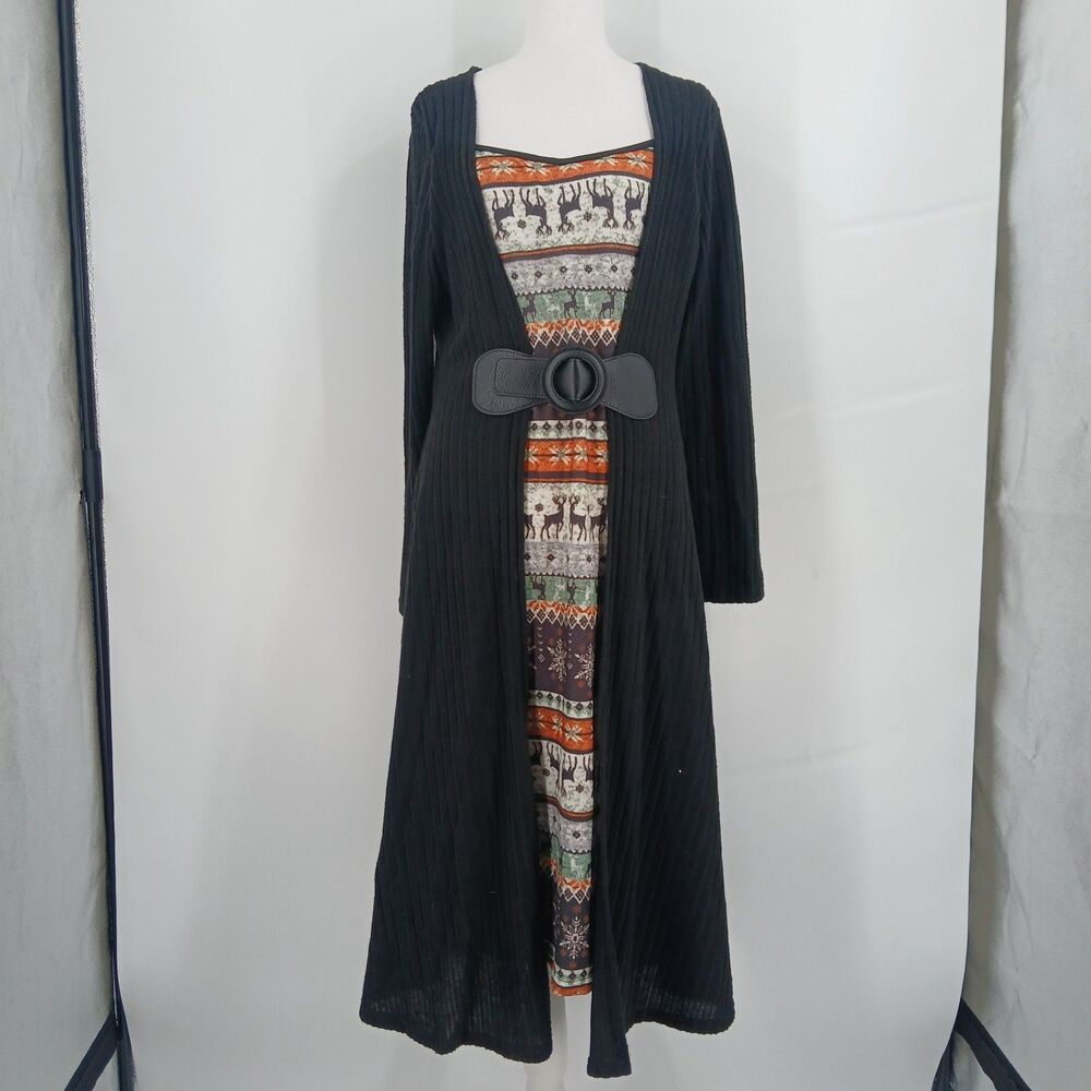 Women's Black two-fer Style Midi Dress Attached Longline Belted Duster Size L